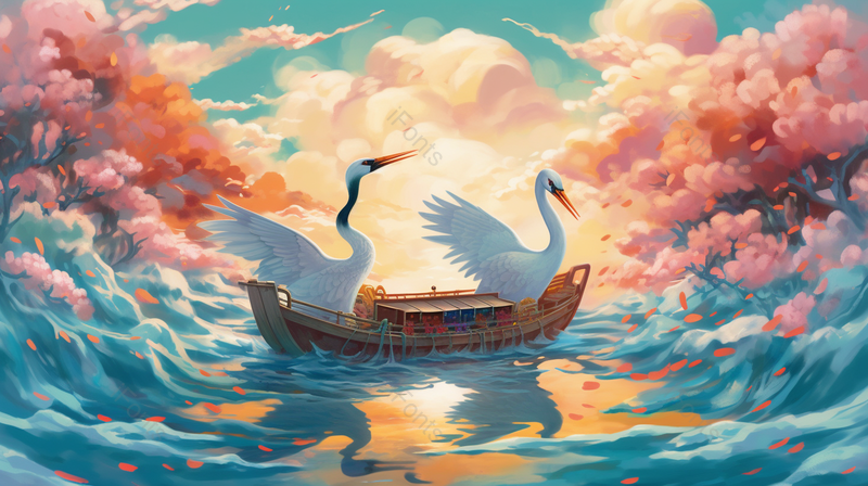 唯美花海湖面海面上飞翔的天鹅插画背景,插画/手绘图,插画/手绘图库,插画/手绘图下载,插画/手绘